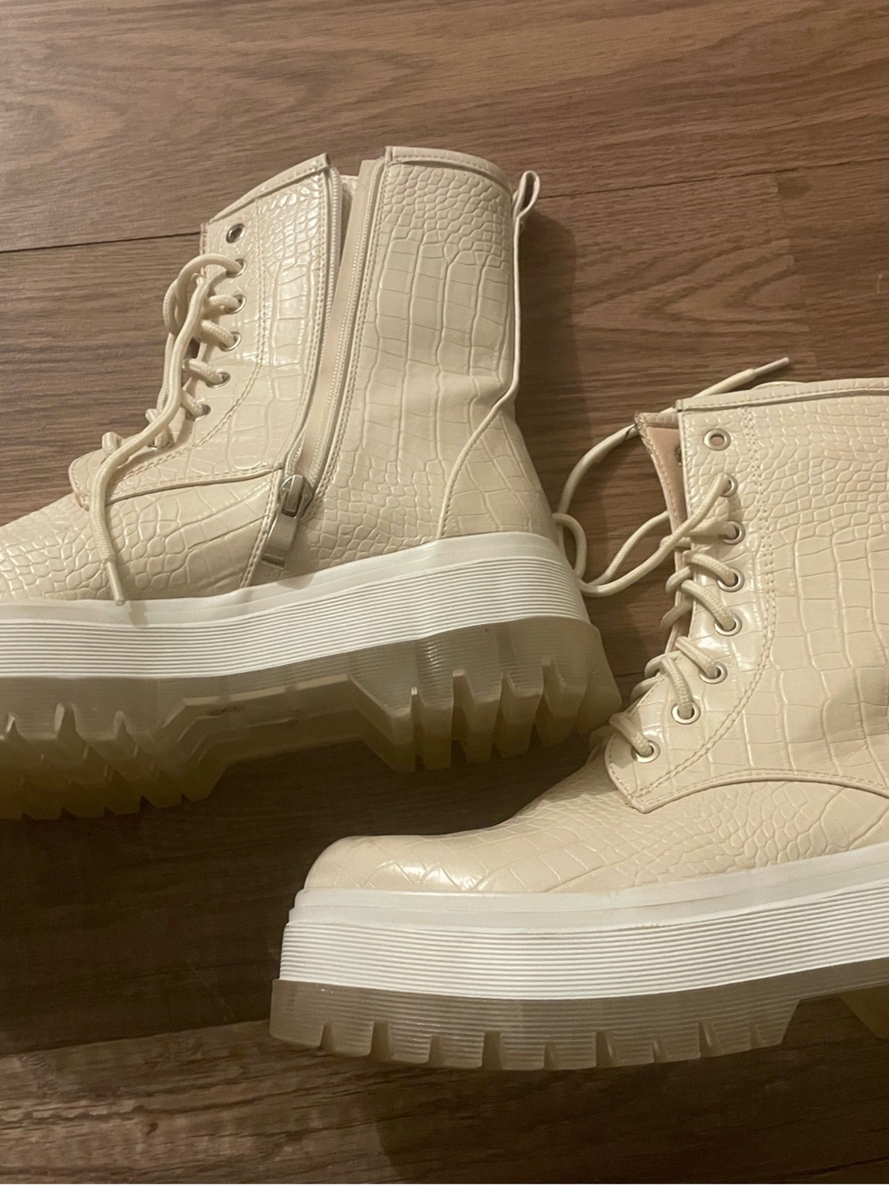 Croc-Embossed Lace-Up Platform Boots in Cream